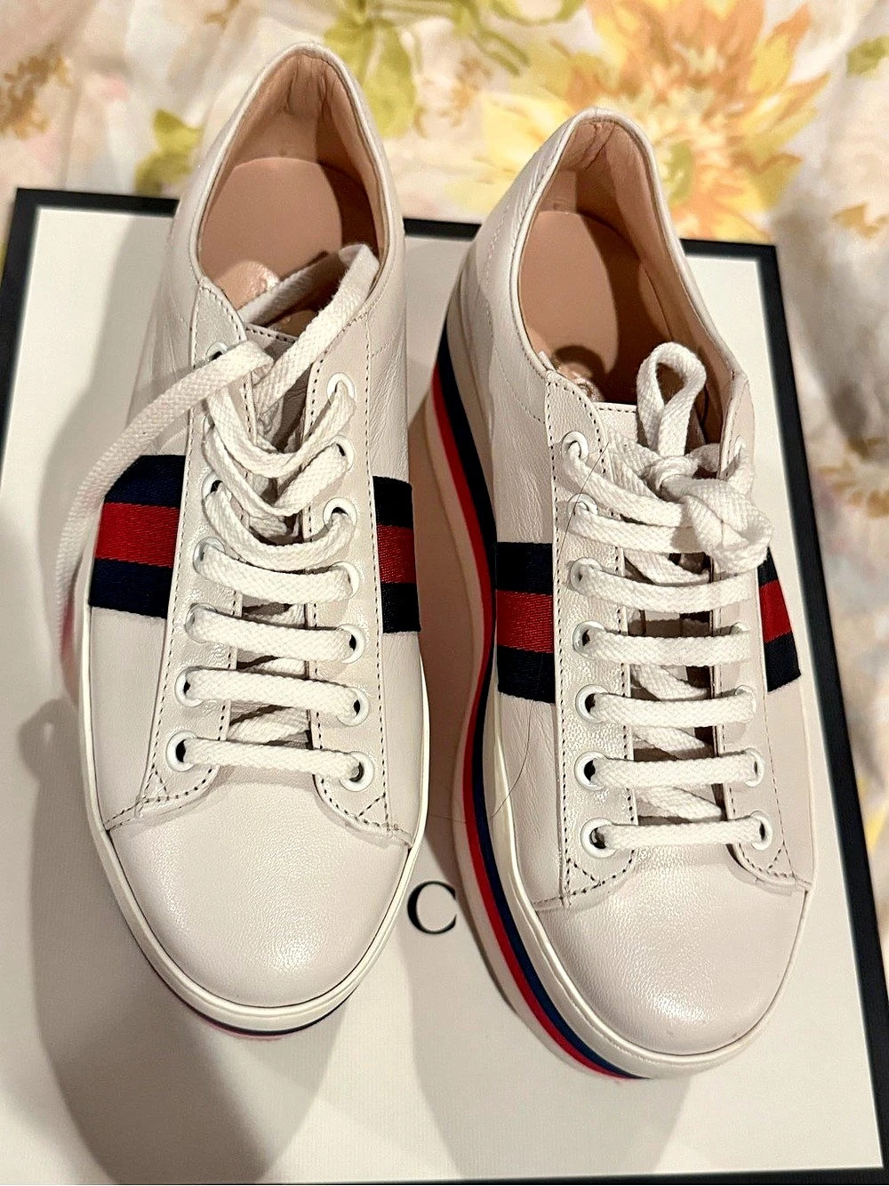 Gucci Leather Platform Sneaker with Web in White & Red